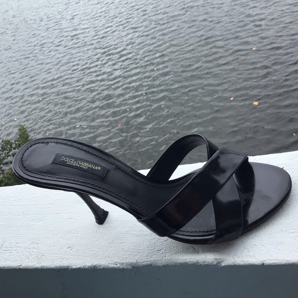 Dolce & Gabbana Slip-on Black Patent Leather 3” Slides with Criss-Cross Strap - Picture 8 of 16